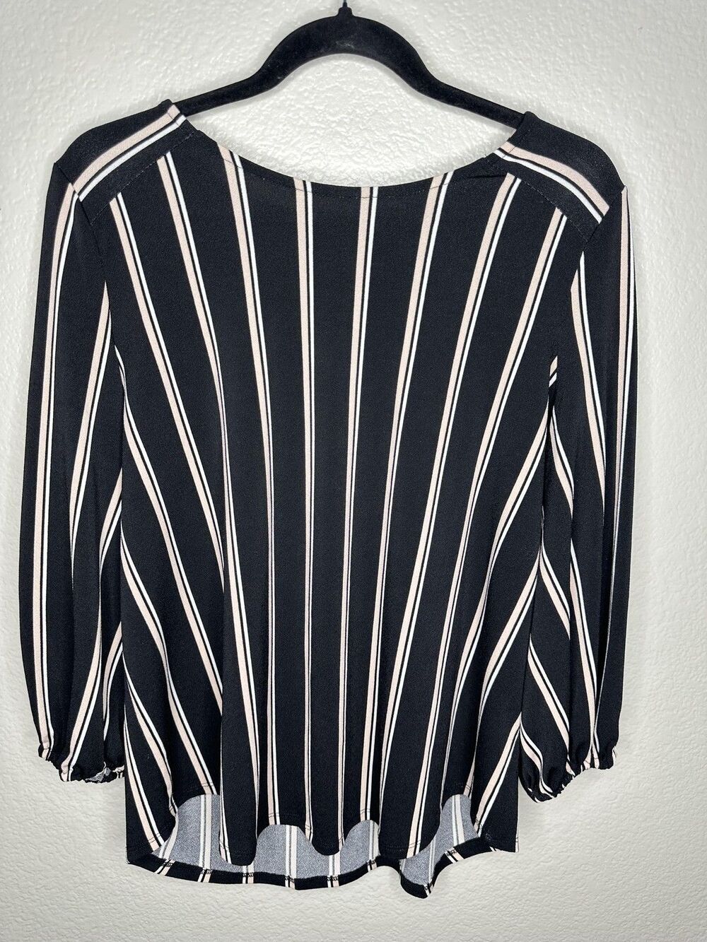 Adrianna Papell Blouse Womens Large Black White Stripe 3/4 Sleeve Elastic Cuffs